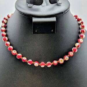Antica Murrina Venezia Red Glass White Rose Millefiori Bead 16.5" Necklace